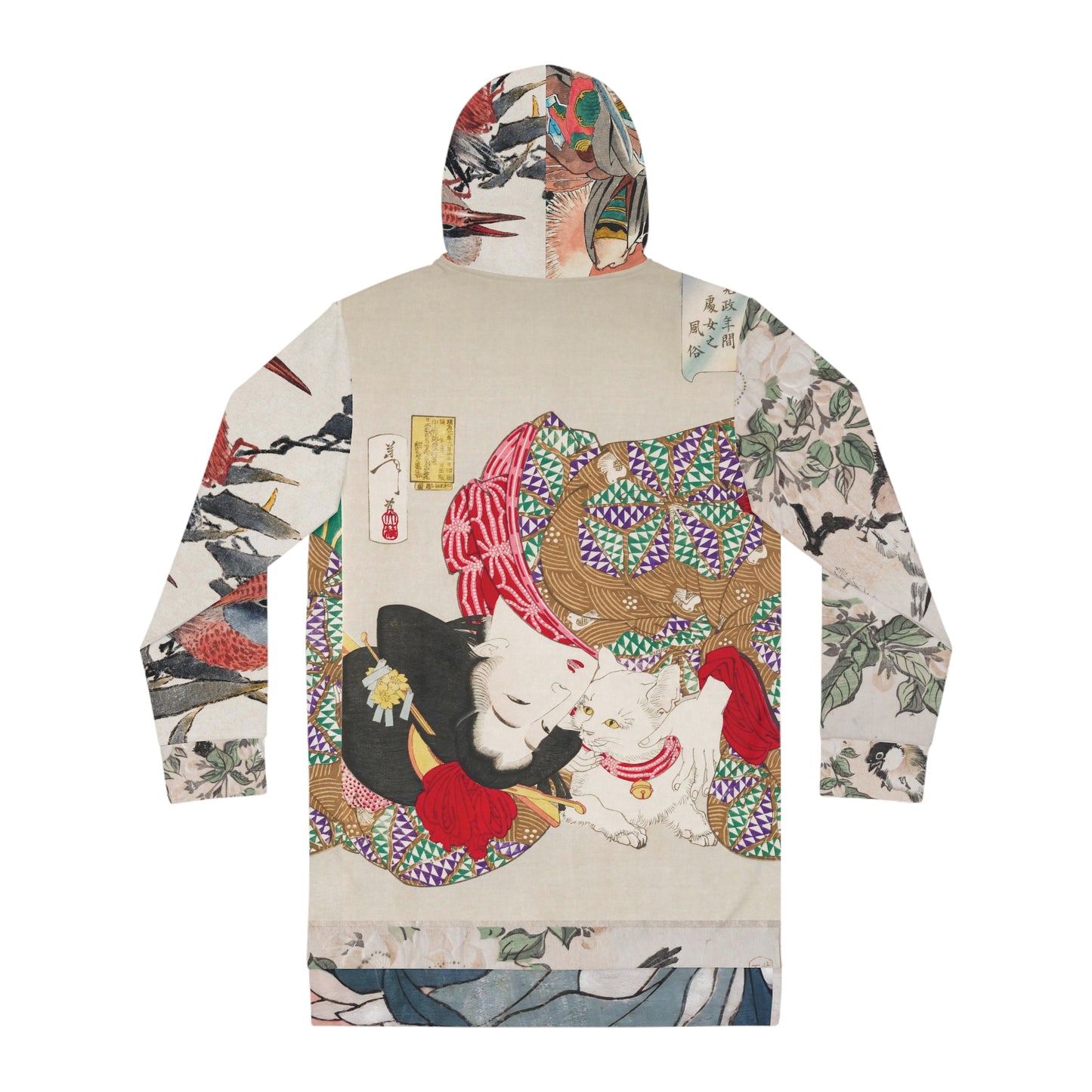 Japandi Art Hoodie Dress, Japanese Streetwear, Ukiyoe Print, Gifts for Cat Lovers for Women, Cat Sweatshirt Gift