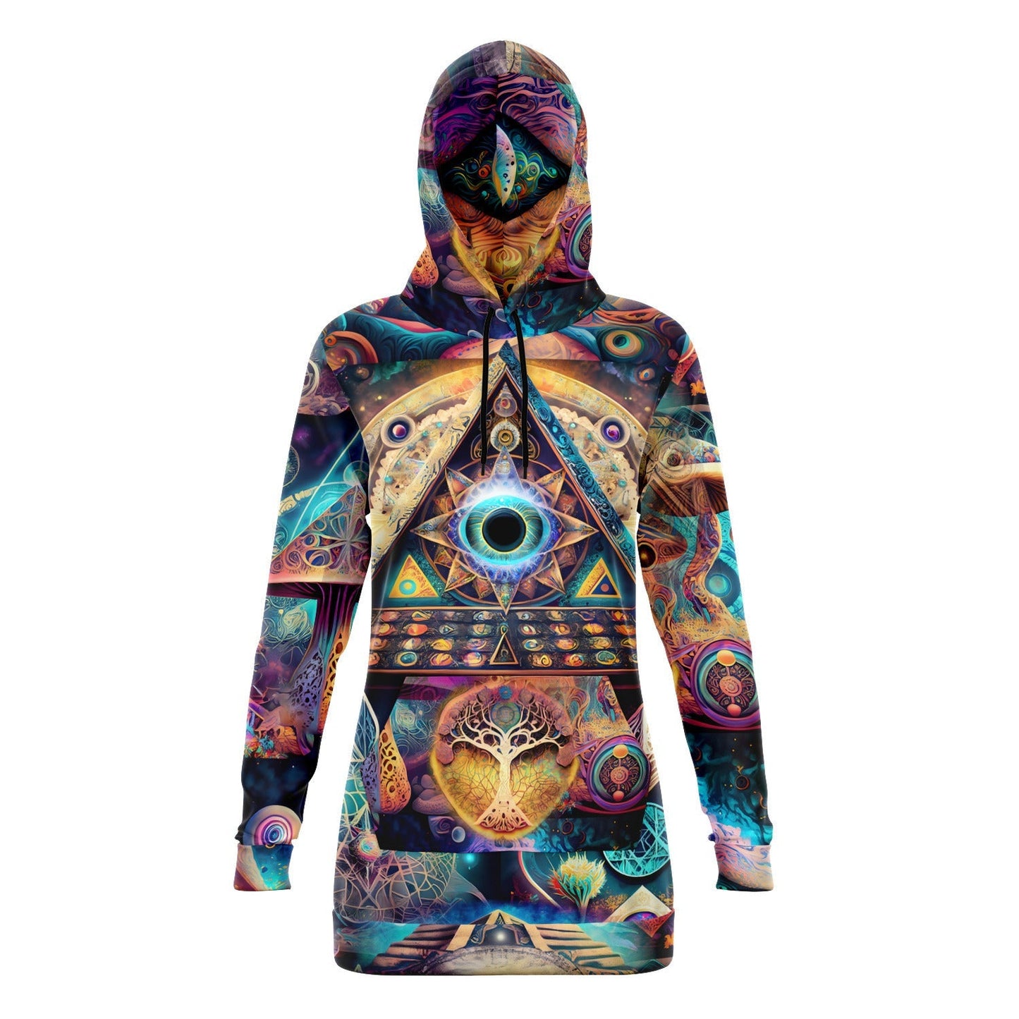 Athletic Longline Hoodie Dress with a Cosmic Eye, Ancient Pyramids, Esoteric Symbol HOO-DESIGN.SHOP