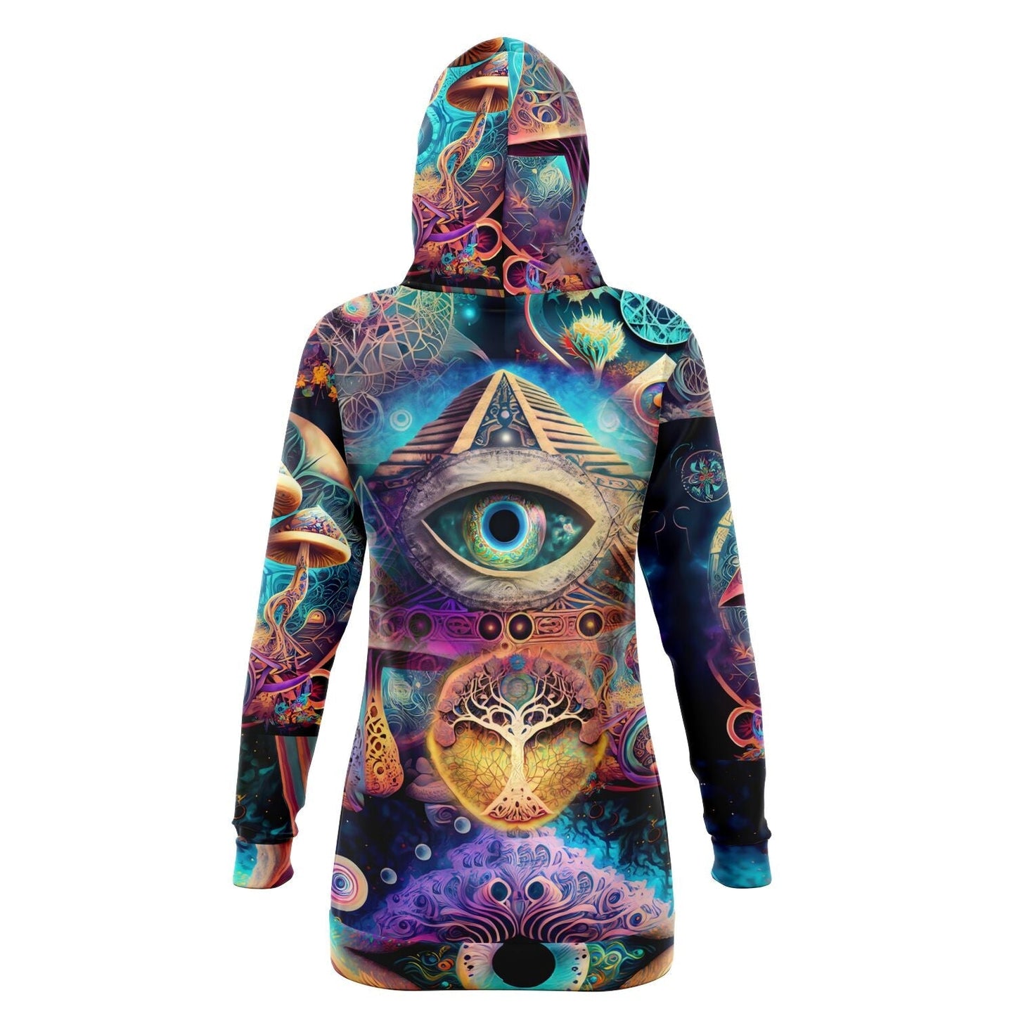 Athletic Longline Hoodie Dress with a Cosmic Eye, Ancient Pyramids, Esoteric Symbol HOO-DESIGN.SHOP