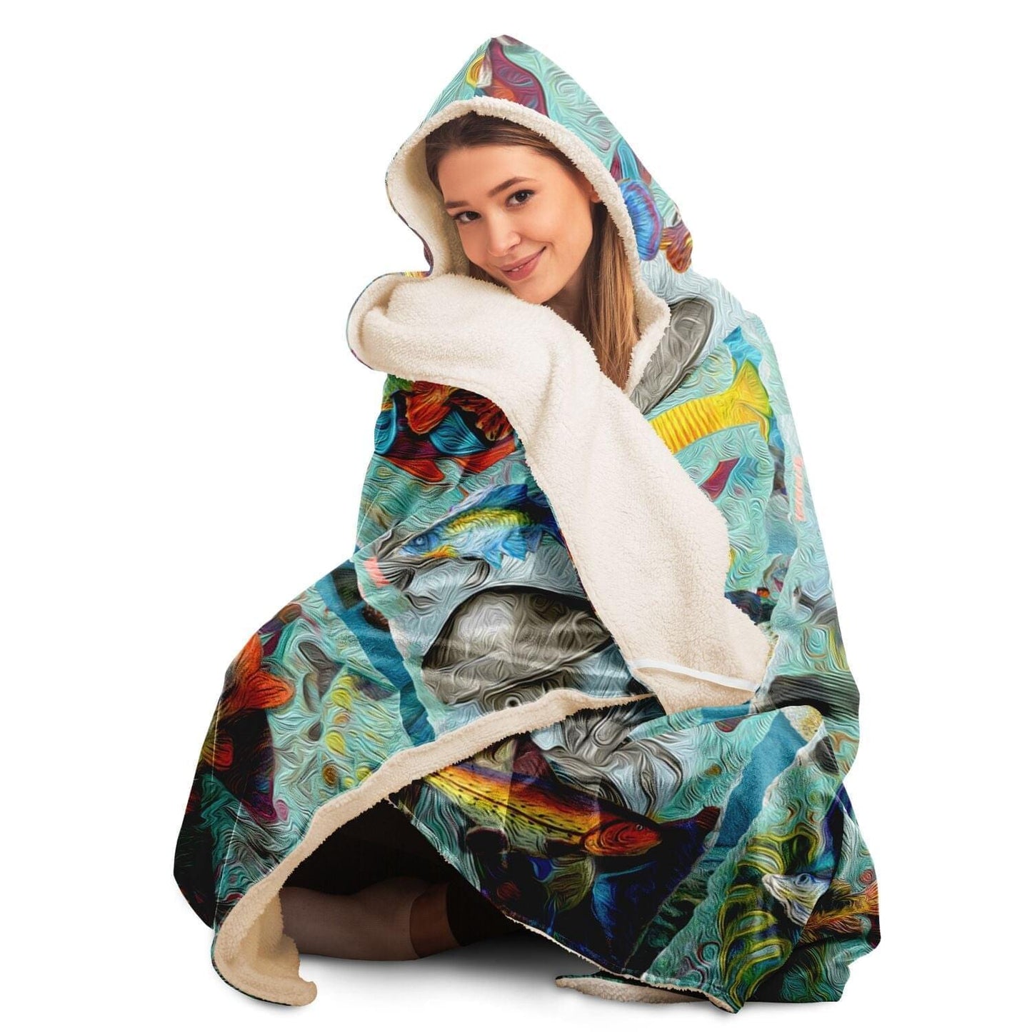 Fishes in Deep Sea for Ocean Lovers Hooded Blanket HOO-DESIGN.SHOP