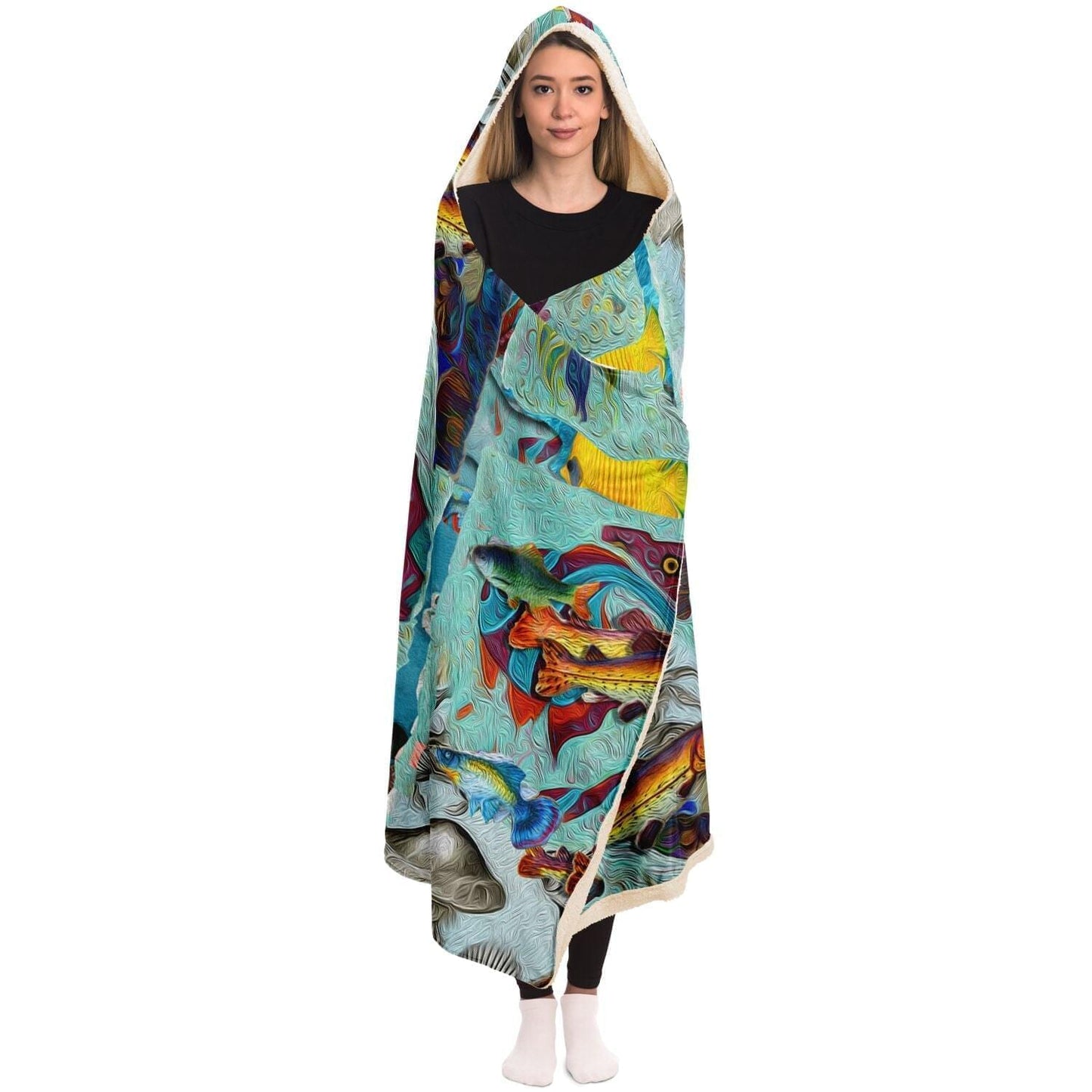 Fishes in Deep Sea for Ocean Lovers Hooded Blanket HOO-DESIGN.SHOP