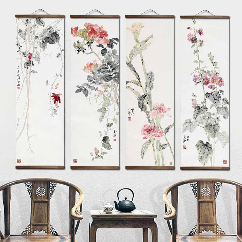 Chinese Style Flower Green Plants Canvas Living Room Wall Art