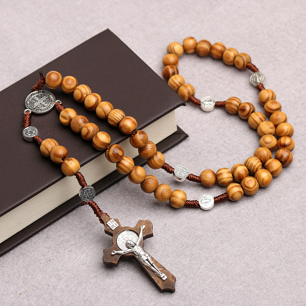 Natural Wood Rosary Necklace Handcrafted Pine Cross LUZGRAPHICJEWELRY