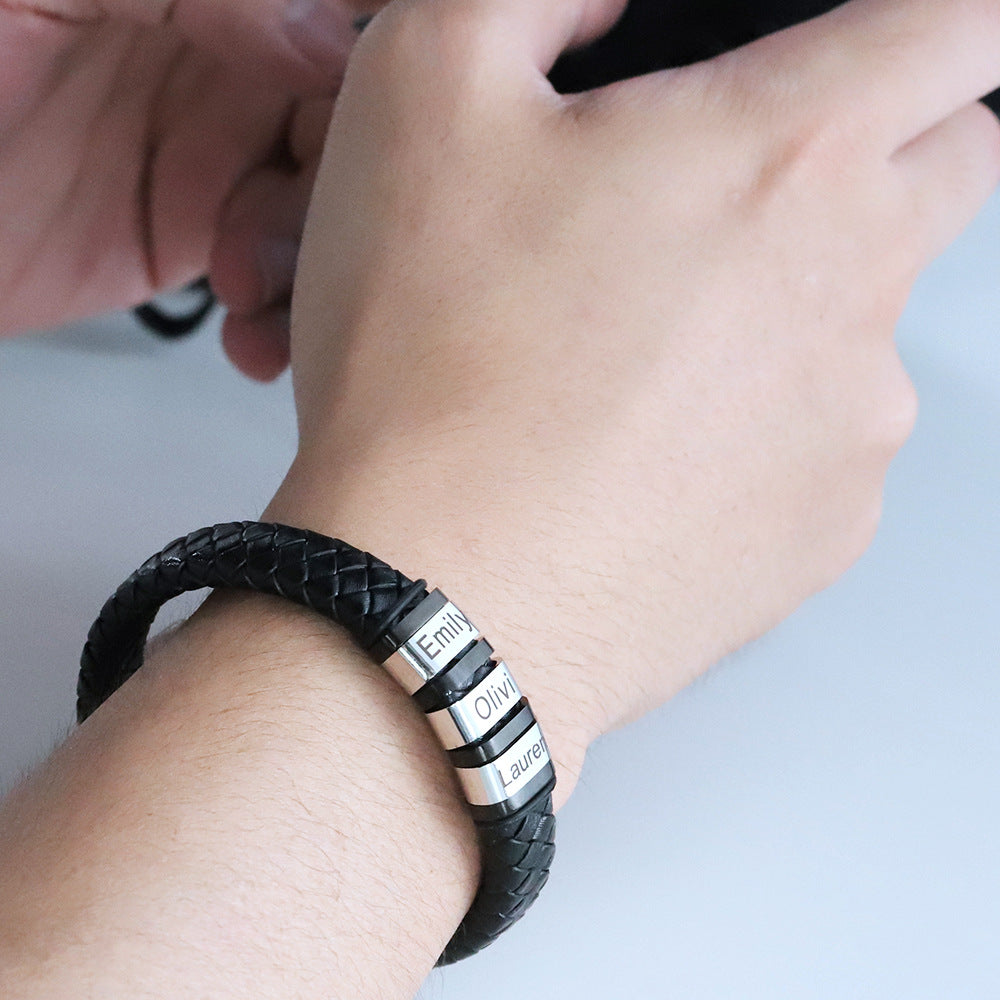 Personalized Men Name Black Woven Leather Bracelet LUZGRAPHICJEWELRY