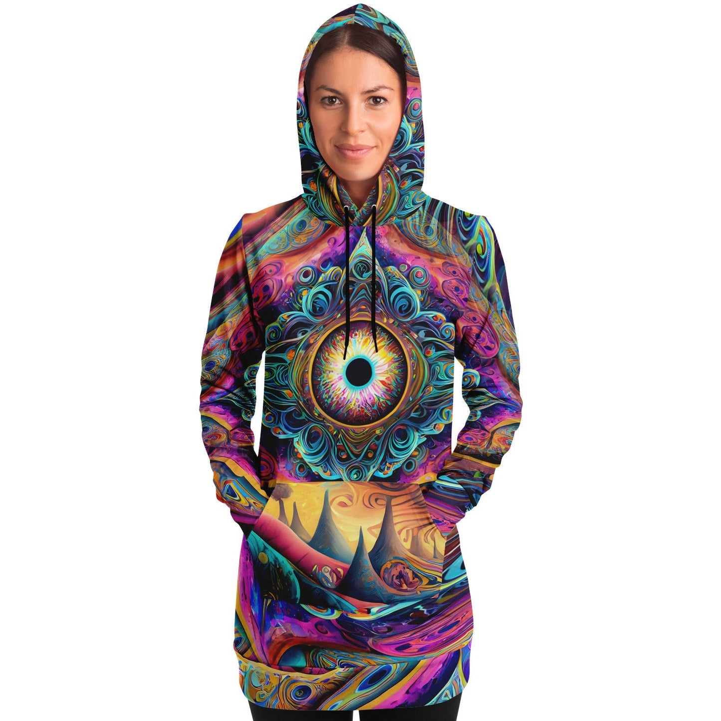 Psychedelic Vibrant Trippy Colors Hoodie Dress Longline Hoodie for Rave Festivals HOO-DESIGN.SHOP