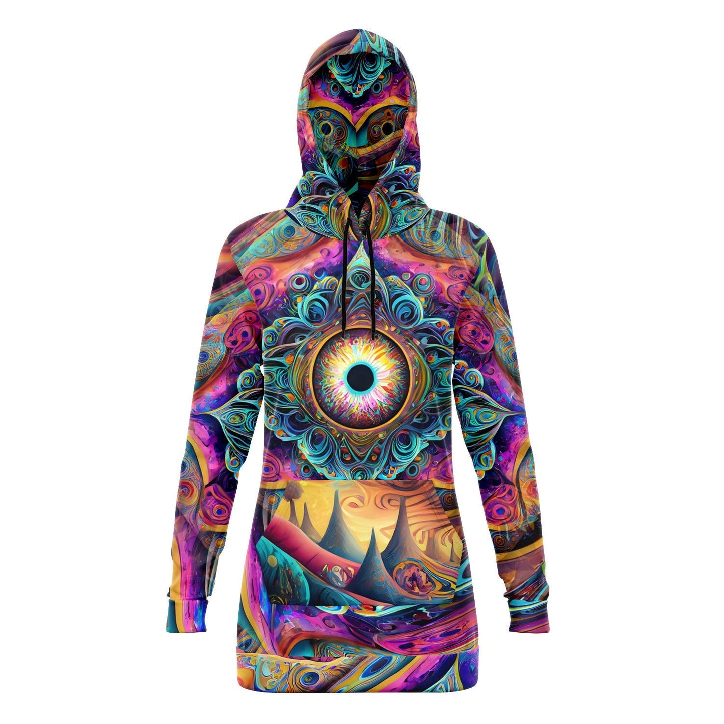 Psychedelic Vibrant Trippy Colors Hoodie Dress Longline Hoodie for Rave Festivals HOO-DESIGN.SHOP