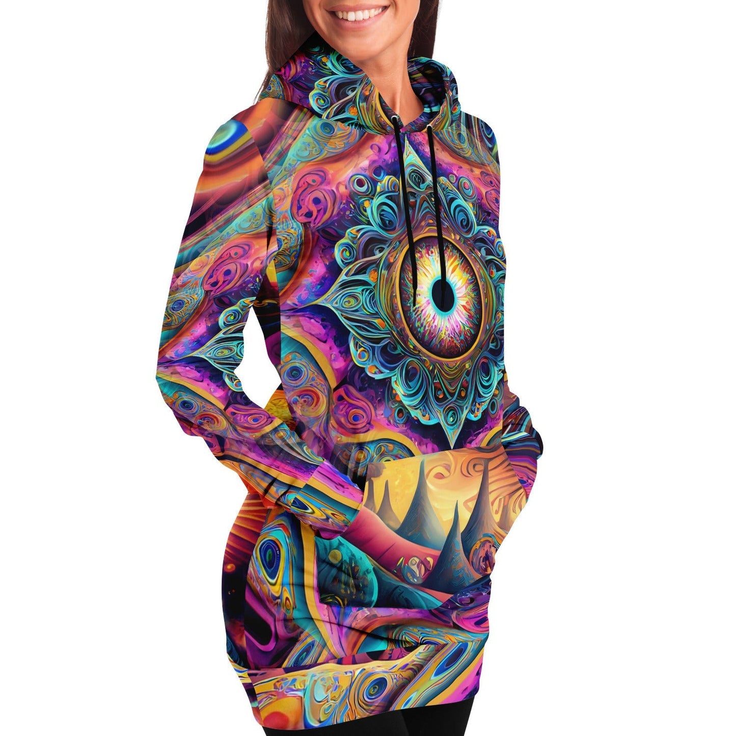 Psychedelic Vibrant Trippy Colors Hoodie Dress Longline Hoodie for Rave Festivals HOO-DESIGN.SHOP