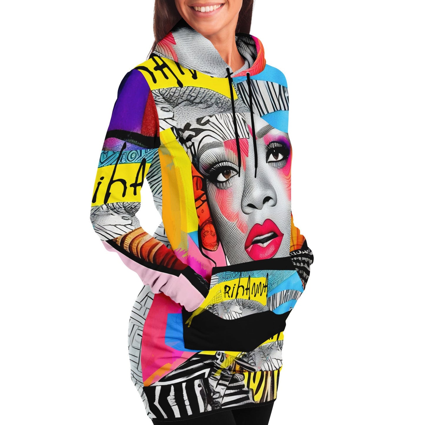 Rihanna Drawing Street Style Outfit Athletic Longline Hoodie Dress HOO-DESIGN.SHOP
