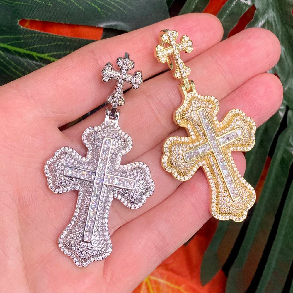 Hip Hop Men Jewelry Iced Out Bling Cubic Zircon Double Cross Shape Pendant