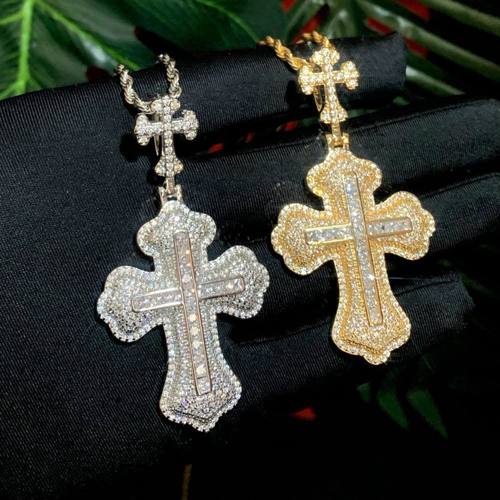 Hip Hop Men Jewelry Iced Out Bling Cubic Zircon Double Cross Shape Pendant