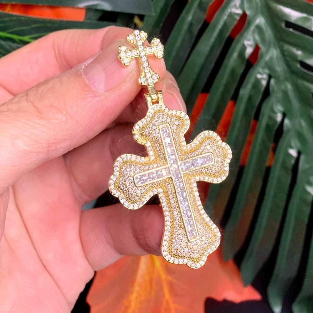 Hip Hop Men Jewelry Iced Out Bling Cubic Zircon Double Cross Shape Pendant