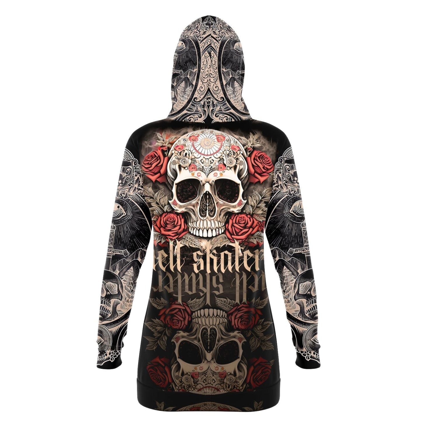 Skull Art and Red Roses Dark Art Longline Hoodie Dress HOO-DESIGN.SHOP