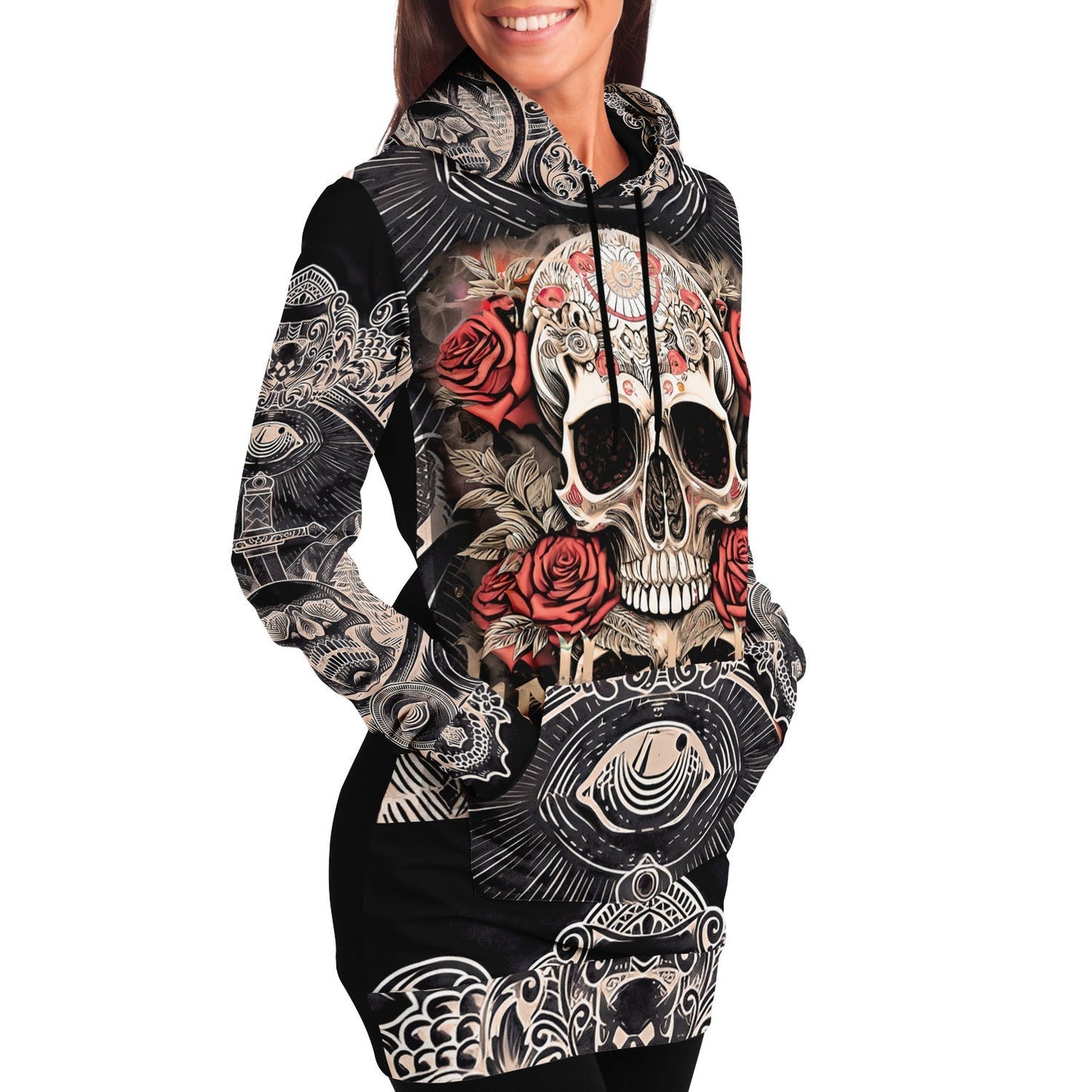 Skull Art and Red Roses Dark Art Longline Hoodie Dress HOO-DESIGN.SHOP
