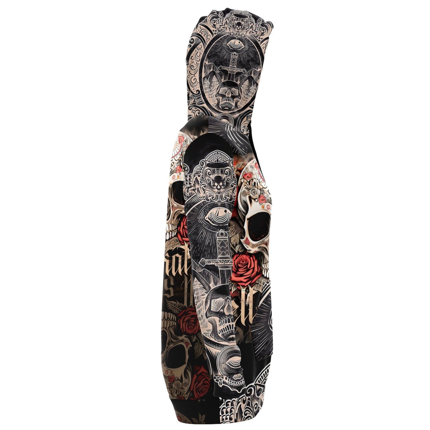 Skull Art and Red Roses Dark Art Longline Hoodie Dress HOO-DESIGN.SHOP