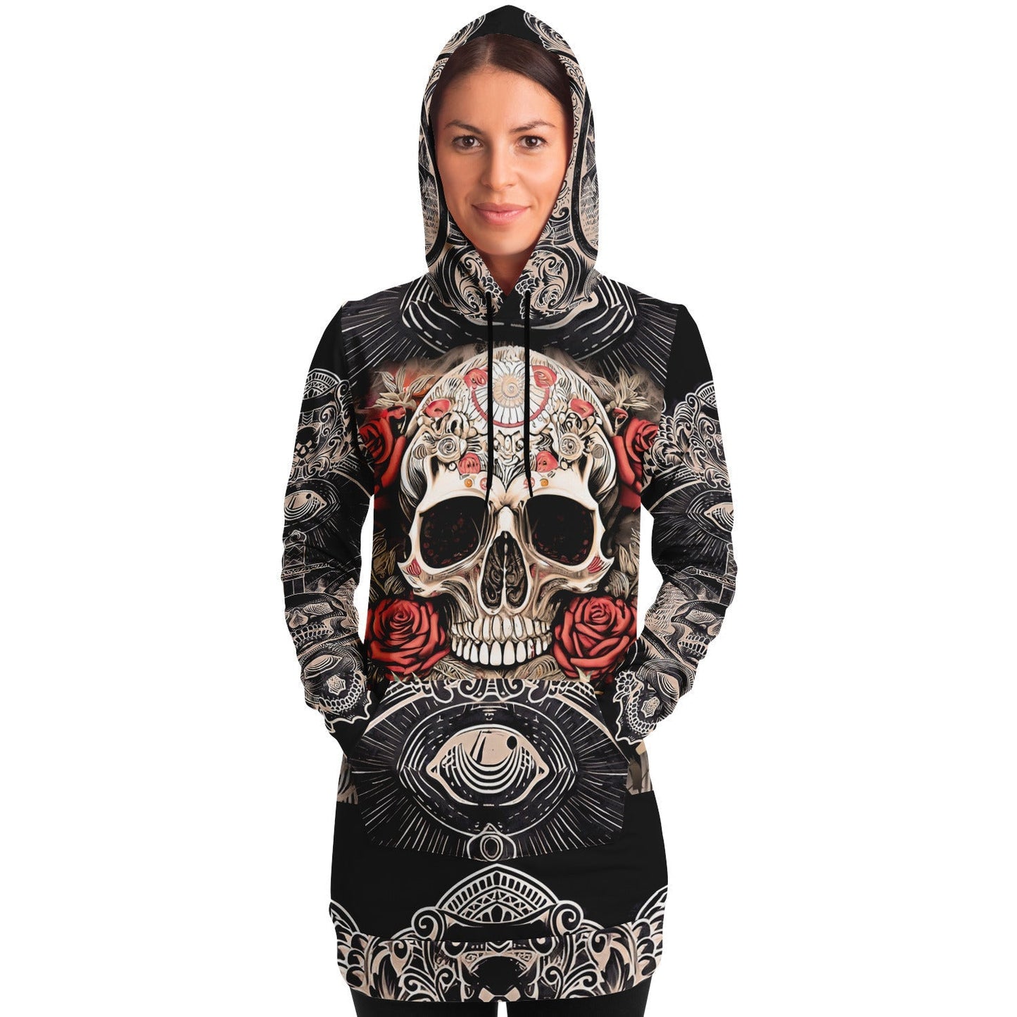 Skull Art and Red Roses Dark Art Longline Hoodie Dress HOO-DESIGN.SHOP