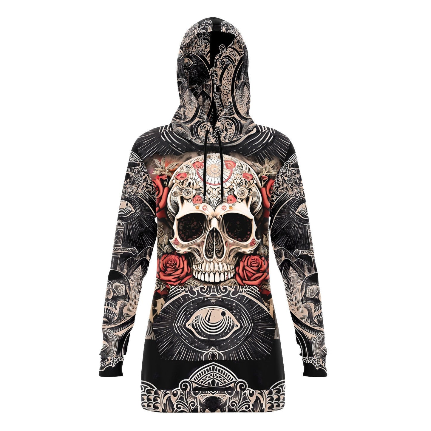 Skull Art and Red Roses Dark Art Longline Hoodie Dress HOO-DESIGN.SHOP