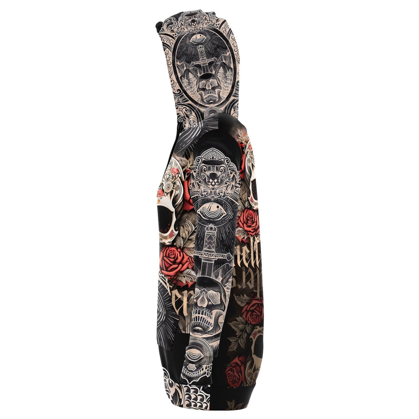 Skull Art and Red Roses Dark Art Longline Hoodie Dress HOO-DESIGN.SHOP