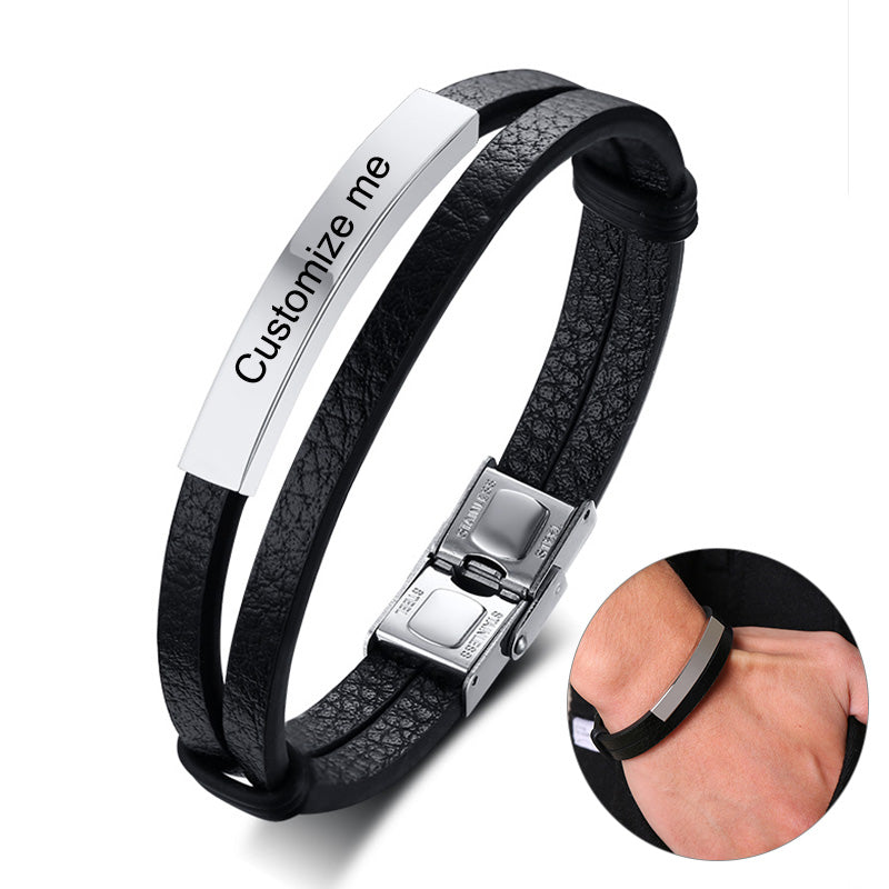 Stainless Steel Leather Bracelet - Personalized Bracelet for Men LUZGRAPHICJEWELRY