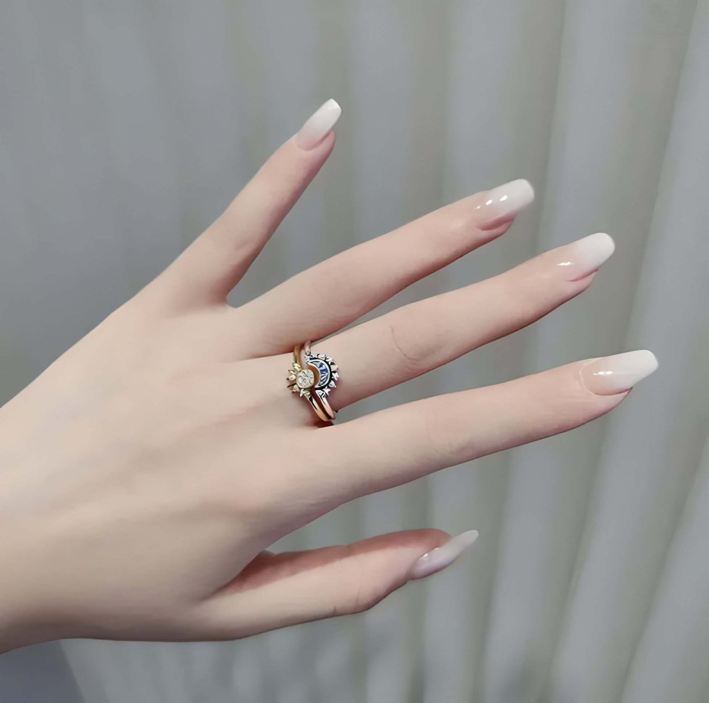 Sterling Silver Rising Sun Ring Shining Blue Moon Combination Two-in-one LUZGRAPHICJEWELRY