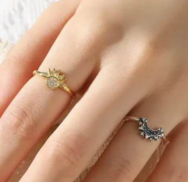 Sterling Silver Rising Sun Ring Shining Blue Moon Combination Two-in-one LUZGRAPHICJEWELRY
