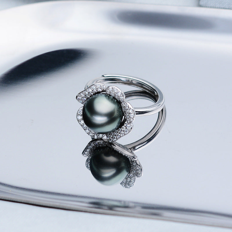 Tahiti Black Pearl Ring 9-10mm Ring 925 Silver Seawater Pearl Ring LUZGRAPHICJEWELRY