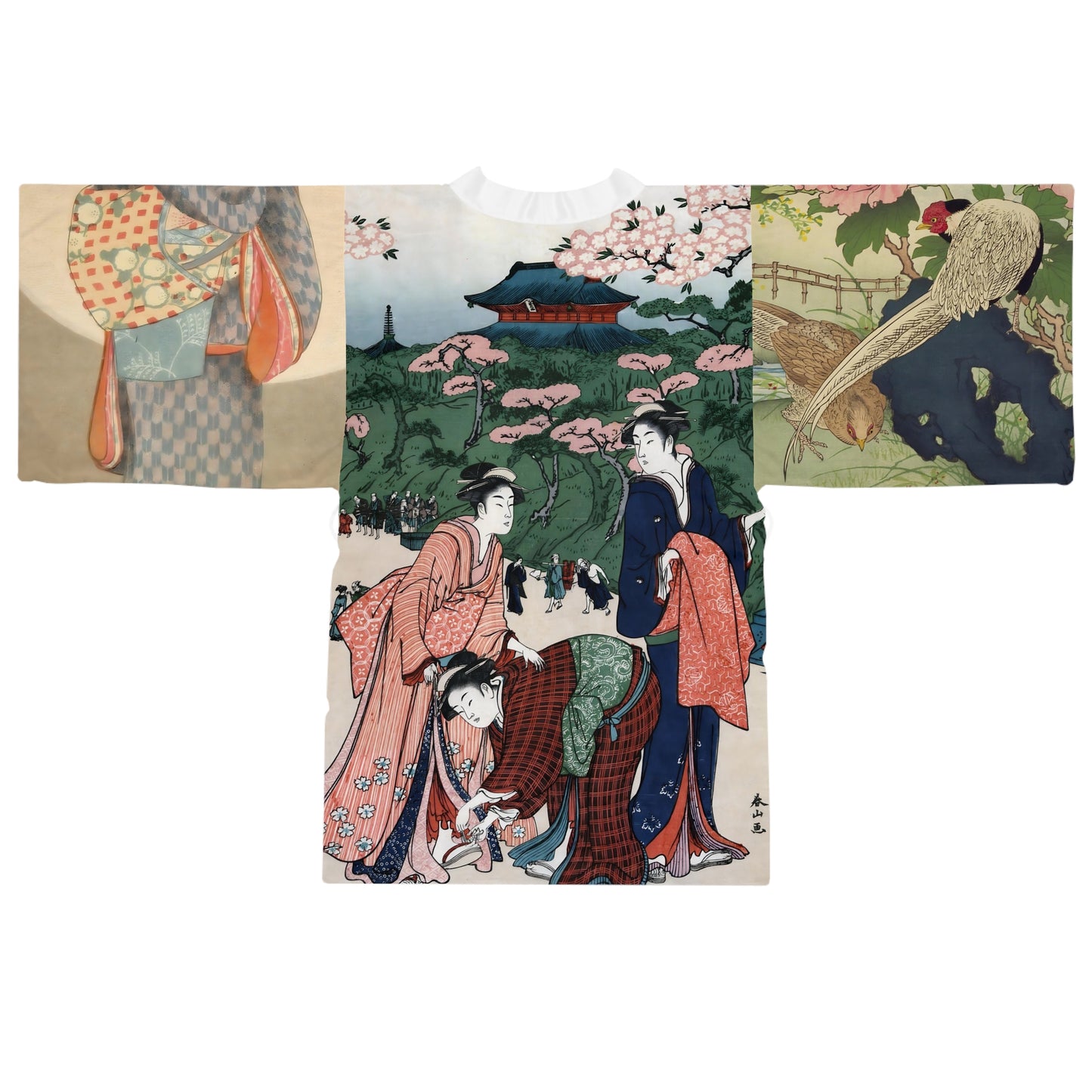 Japanese Art Kimono Robe-Geisha Vintage Print-Landscape Garden Peony