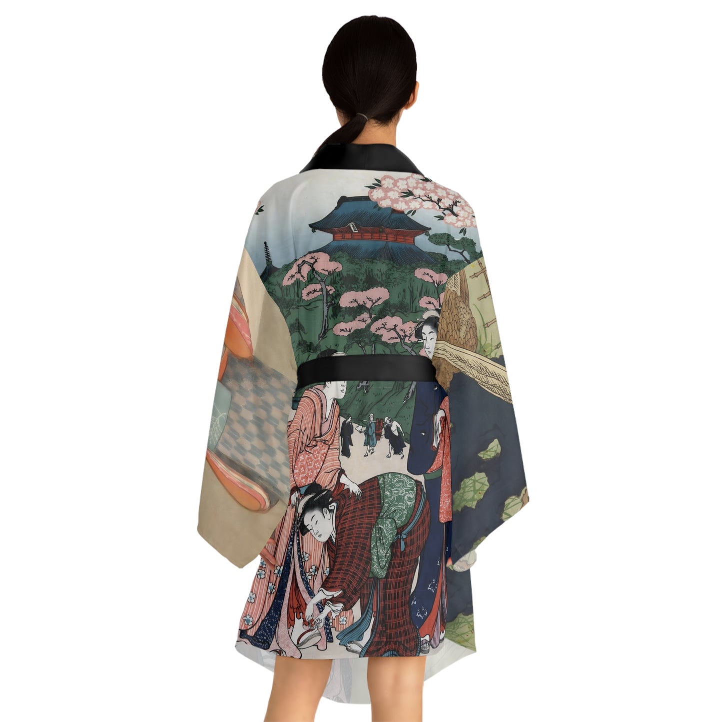 Japanese Art Kimono Robe-Geisha Vintage Print-Landscape Garden Peony