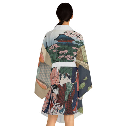 Japanese Art Kimono Robe-Geisha Vintage Print-Landscape Garden Peony