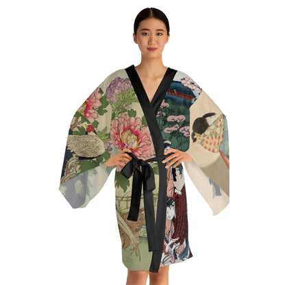 Japanese Art Kimono Robe-Geisha Vintage Print-Landscape Garden Peony