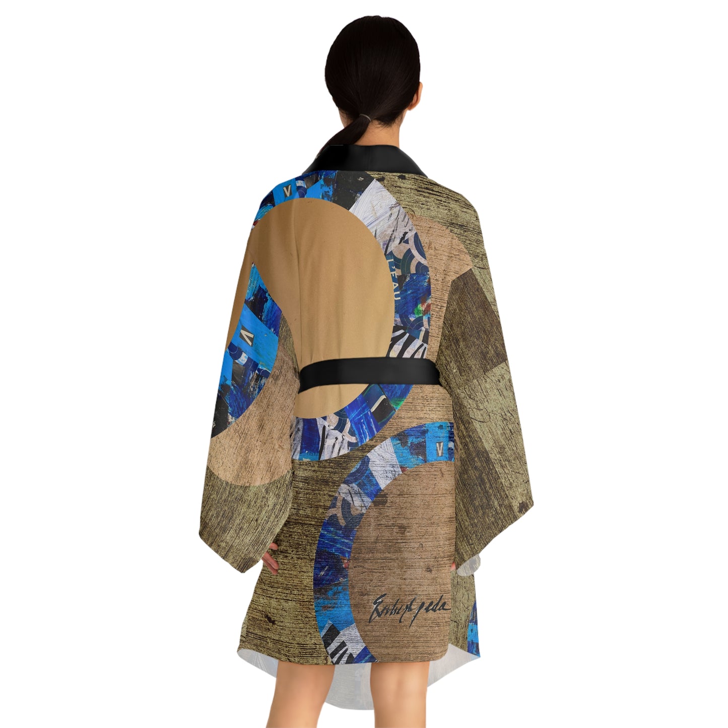 Long Sleeve Kimono Robe Golden Blue Spheres by Esther Ojeda