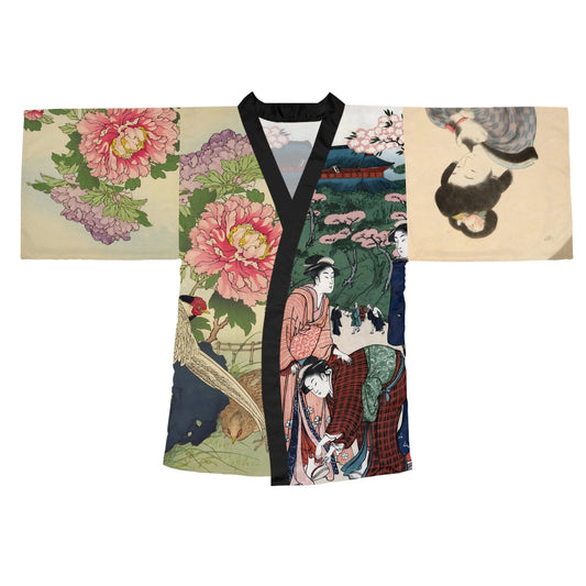 Japanese Art Kimono Robe-Geisha Vintage Print-Landscape Garden Peony
