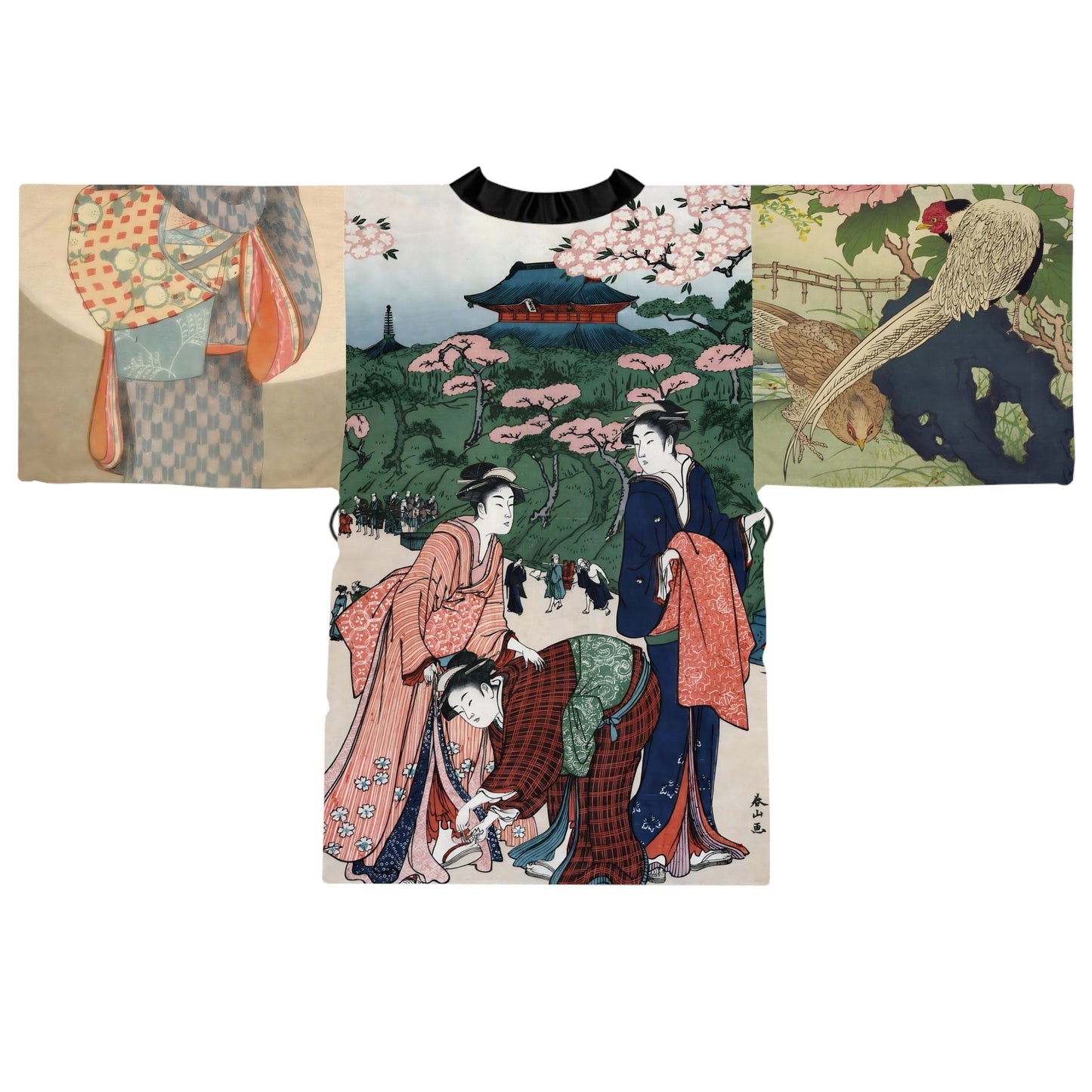 Japanese Art Kimono Robe-Geisha Vintage Print-Landscape Garden Peony