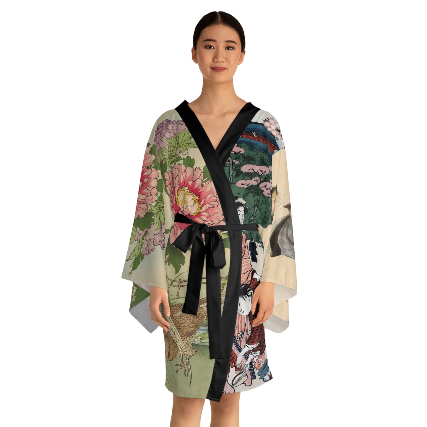 Japanese Art Kimono Robe-Geisha Vintage Print-Landscape Garden Peony