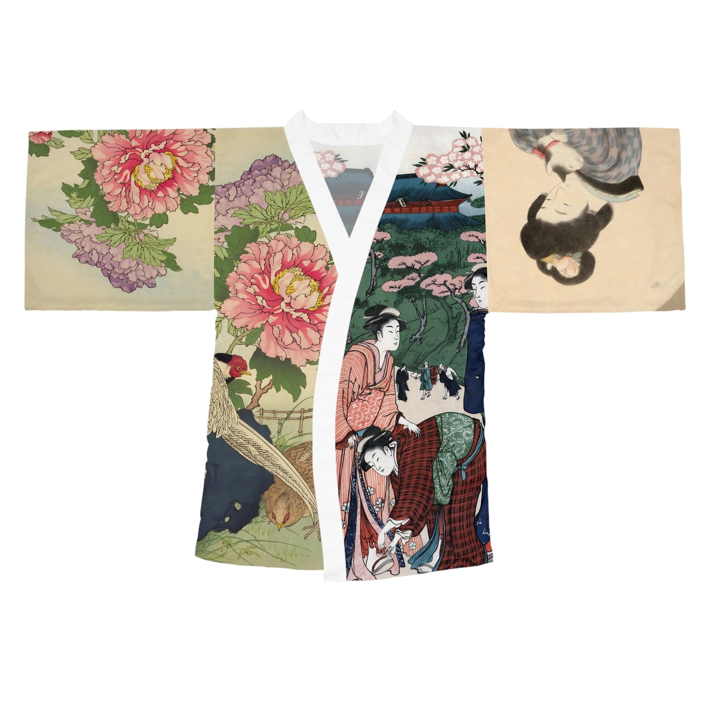 Japanese Art Kimono Robe-Geisha Vintage Print-Landscape Garden Peony