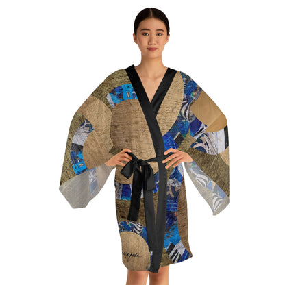 Long Sleeve Kimono Robe Golden Blue Spheres by Esther Ojeda