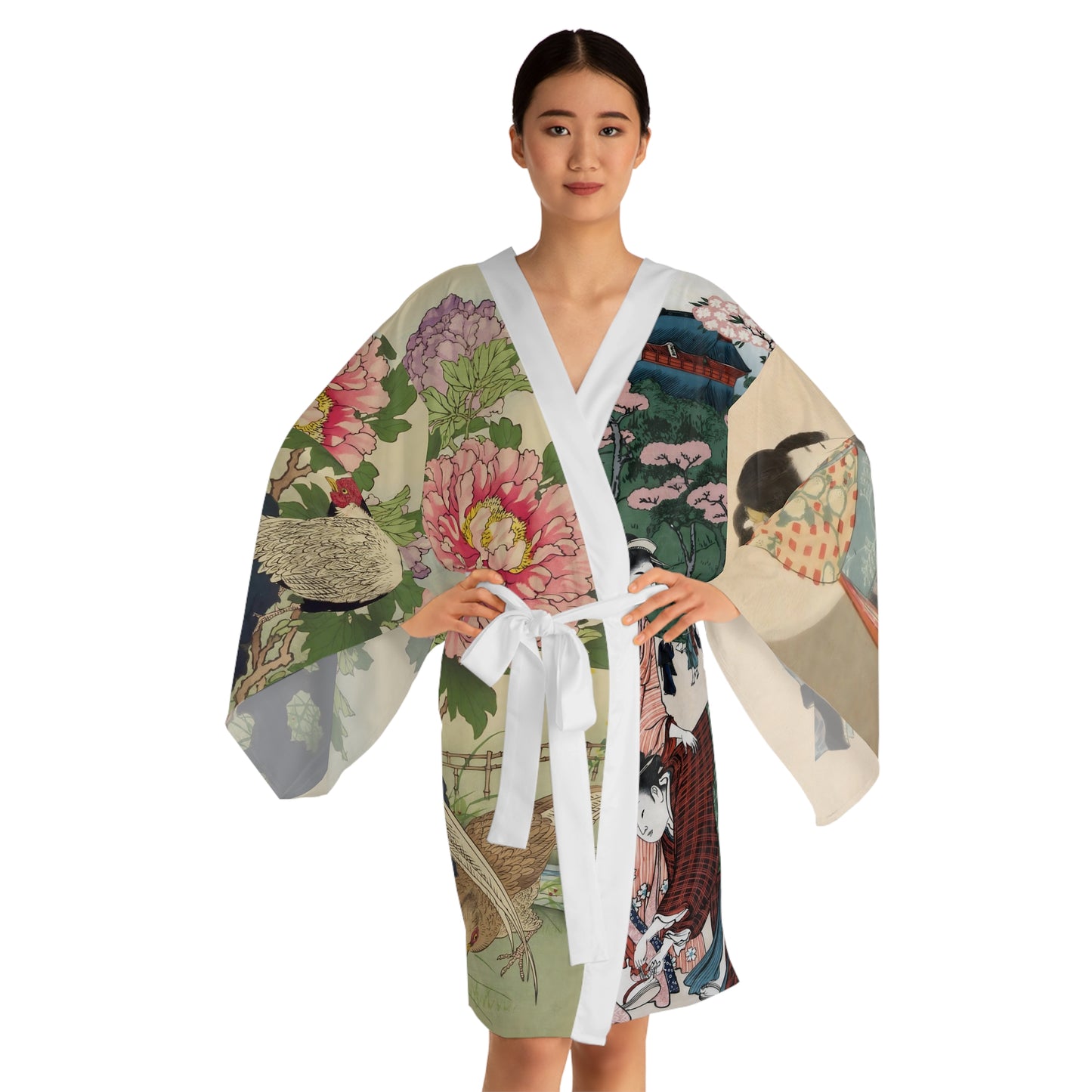 Japanese Art Kimono Robe-Geisha Vintage Print-Landscape Garden Peony