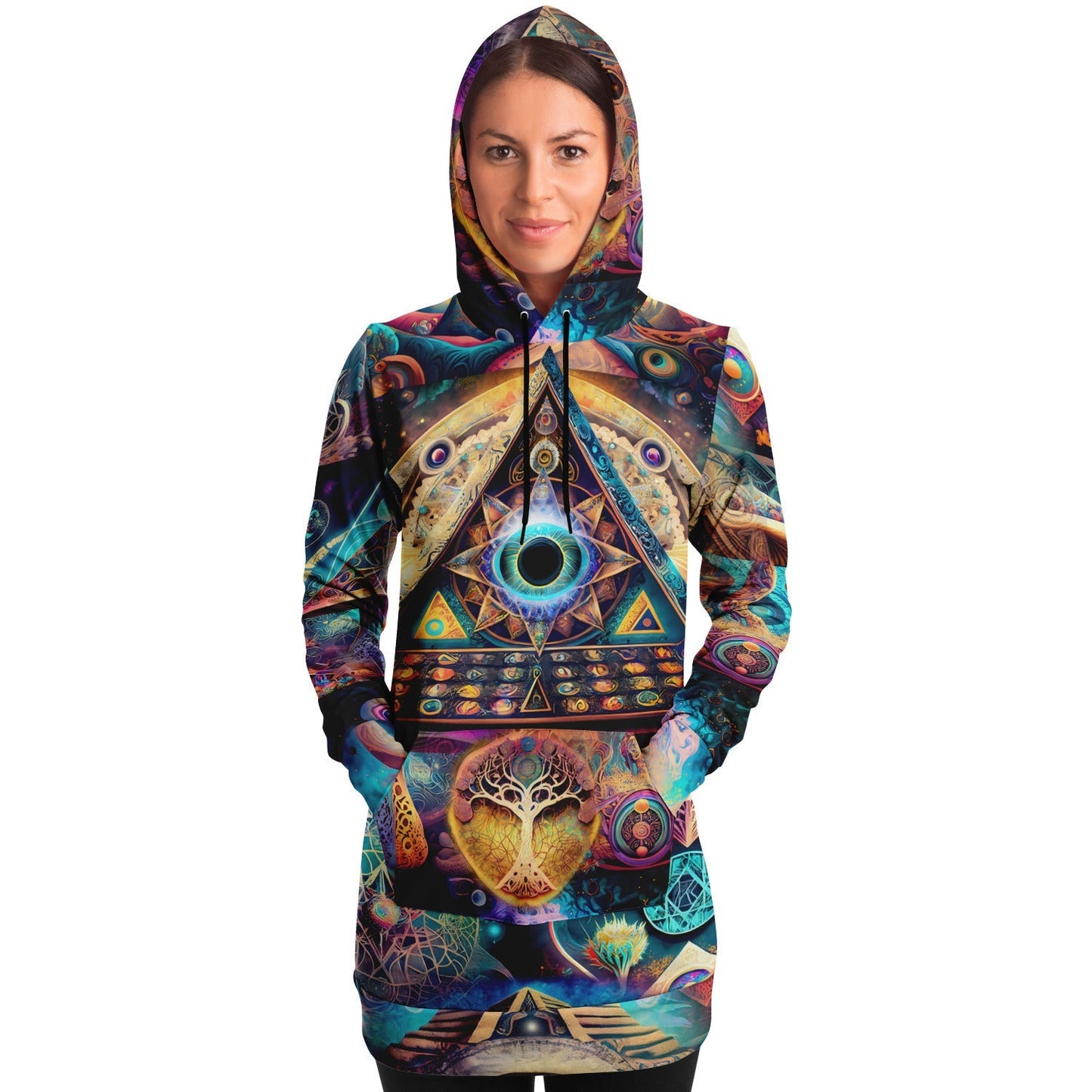 Athletic Longline Hoodie Dress with a Cosmic Eye, Ancient Pyramids, Esoteric Symbol HOO-DESIGN.SHOP