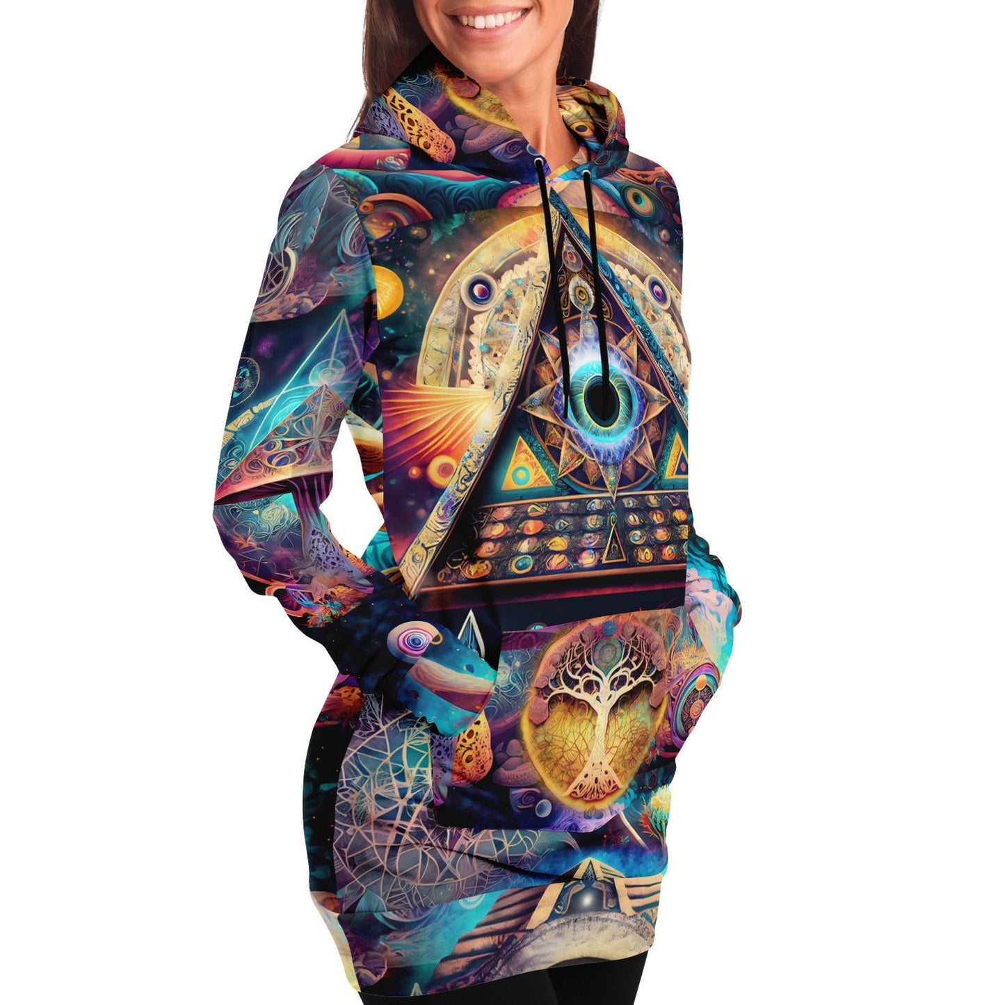 Athletic Longline Hoodie Dress with a Cosmic Eye, Ancient Pyramids, Esoteric Symbol HOO-DESIGN.SHOP