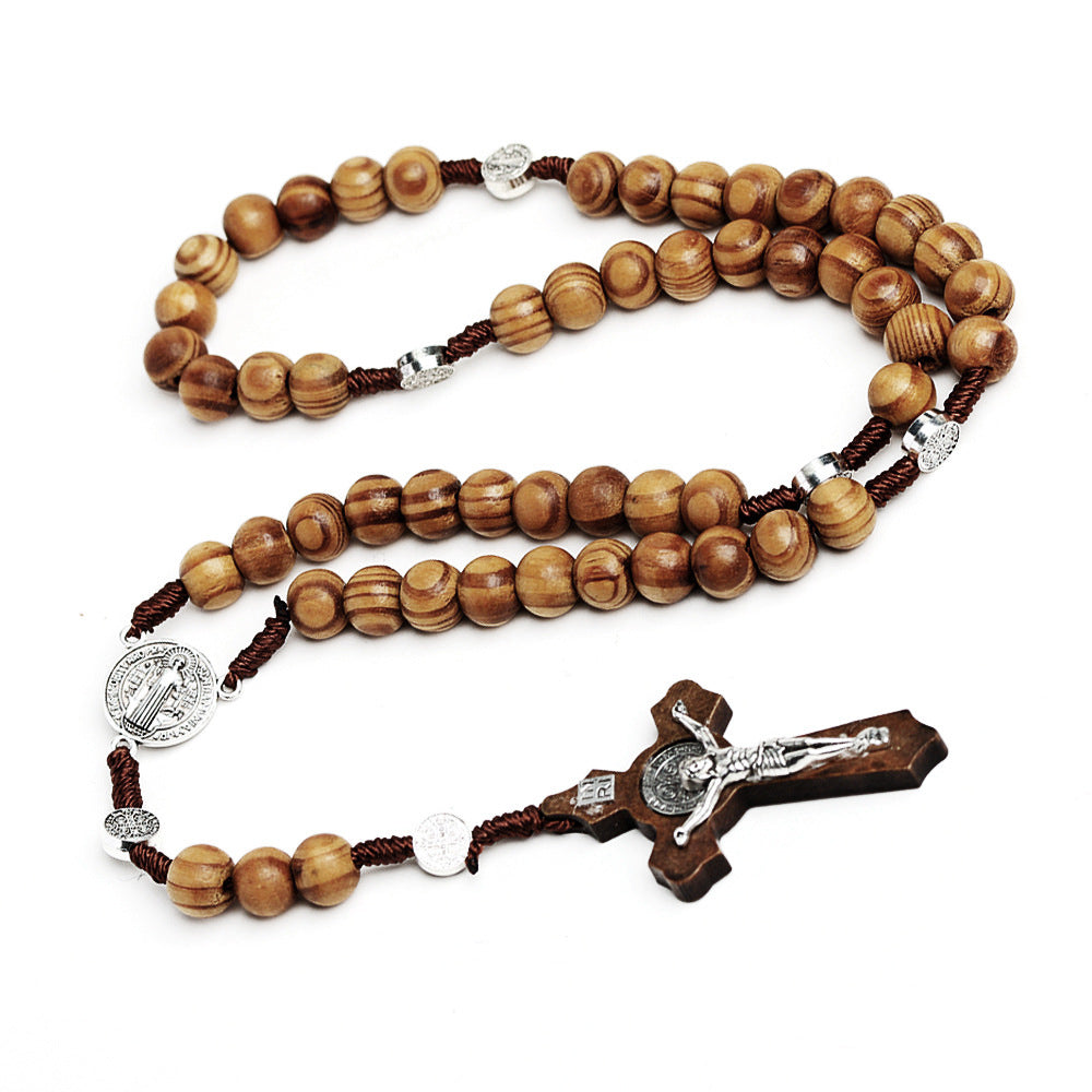 Natural Wood Rosary Necklace Handcrafted Pine Cross LUZGRAPHICJEWELRY