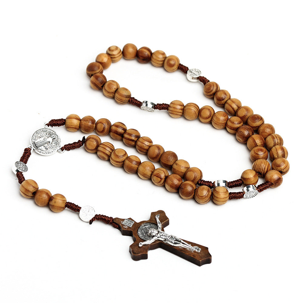 Natural Wood Rosary Necklace Handcrafted Pine Cross LUZGRAPHICJEWELRY