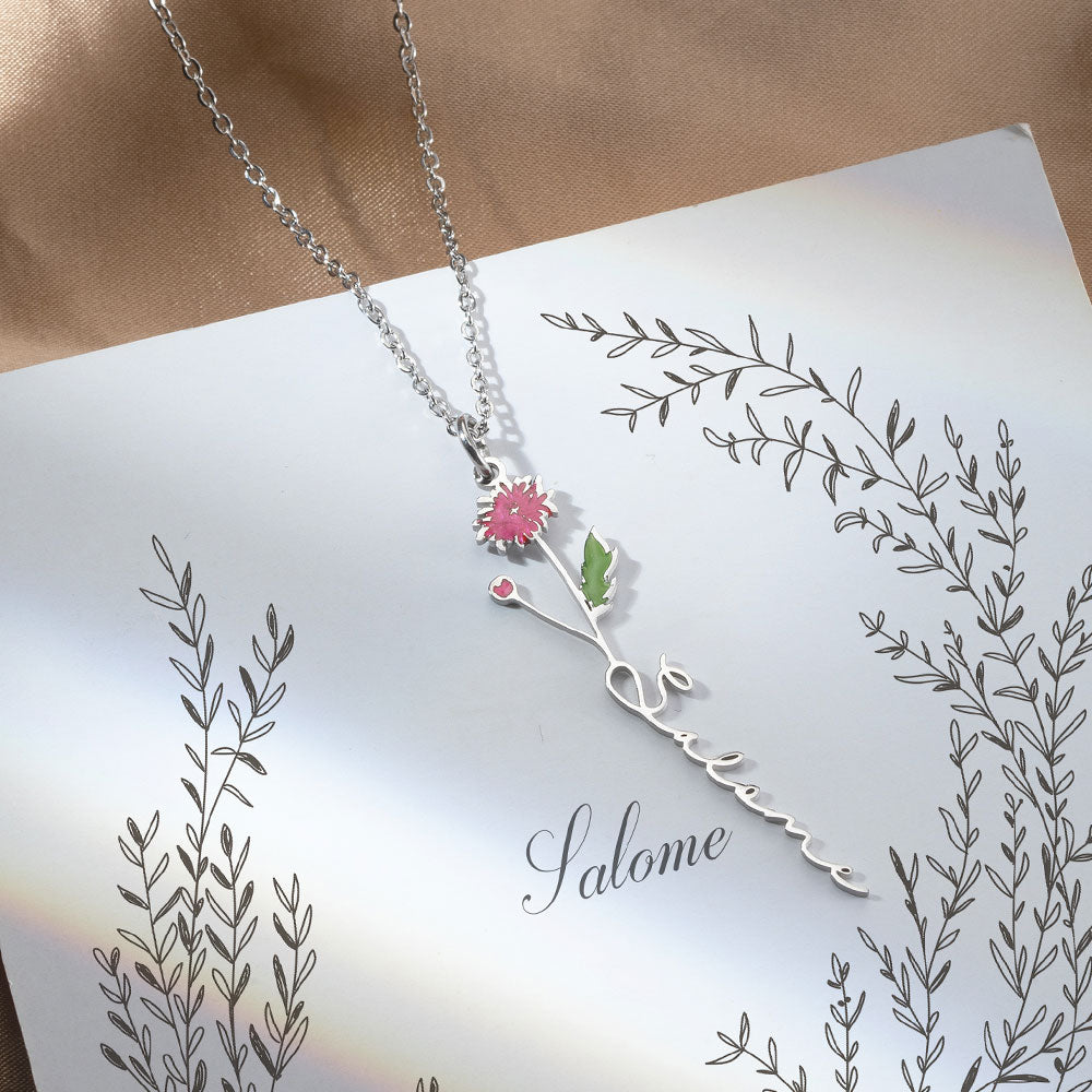 Personalized Birth Flower Name Necklace Sterling Silver 925 ideaplus