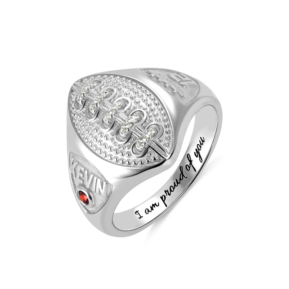 Personalized Football Ring with Birthstone and Engraving in Silver ideaplus