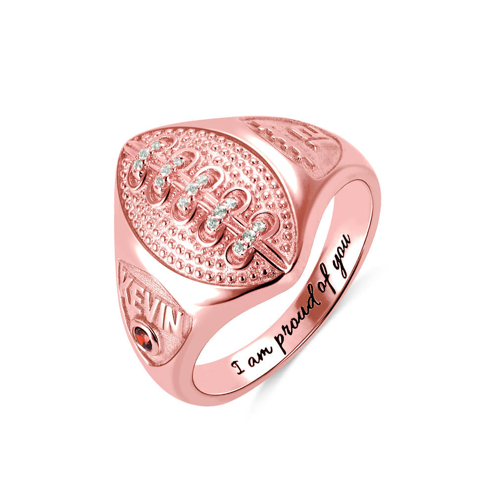 Personalized Football Ring with Birthstone and Engraving in Silver ideaplus