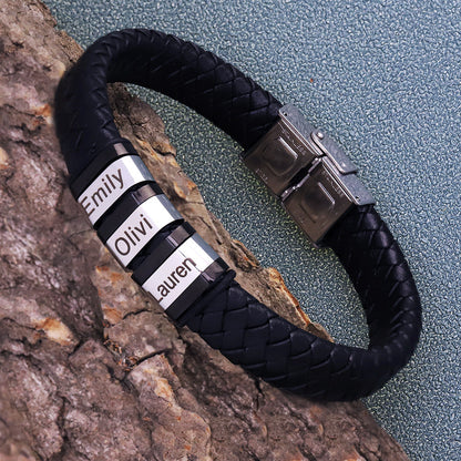 Personalized Men Name Black Woven Leather Bracelet LUZGRAPHICJEWELRY