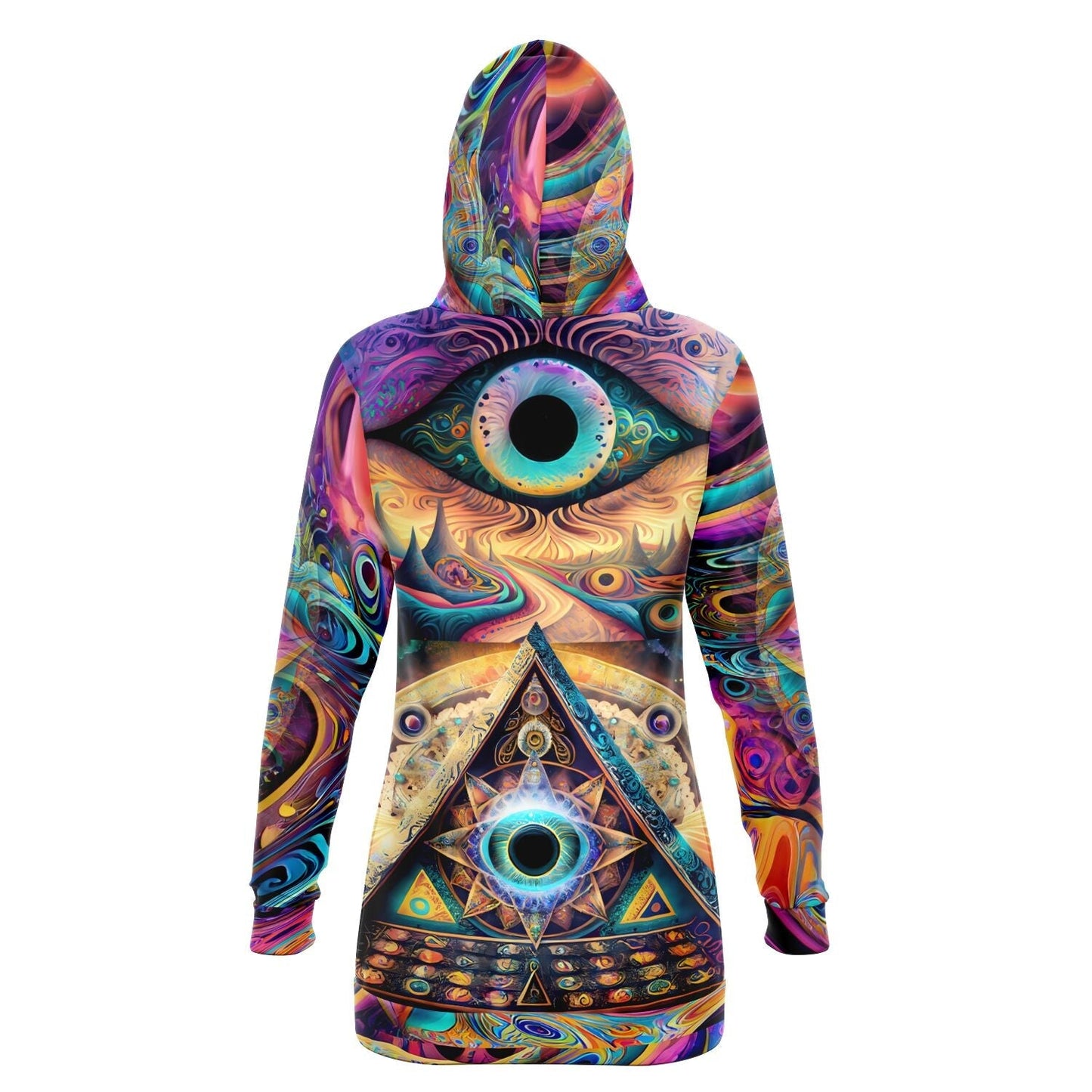 Psychedelic Vibrant Trippy Colors Hoodie Dress Longline Hoodie for Rave Festivals HOO-DESIGN.SHOP