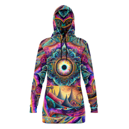 Psychedelic Vibrant Trippy Colors Hoodie Dress Longline Hoodie for Rave Festivals HOO-DESIGN.SHOP