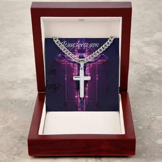 Religious Gift Cuban Chain Men's Jewelry Cross Necklace with Personalised Engraving ShineOn Fulfillment