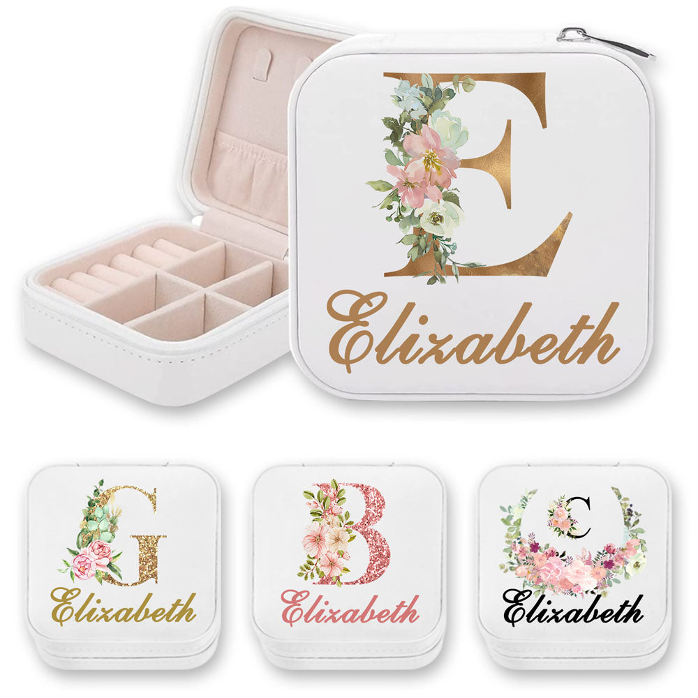 Initial & Name Jewelry Travel Case with Flowers, Great Personalised Gift