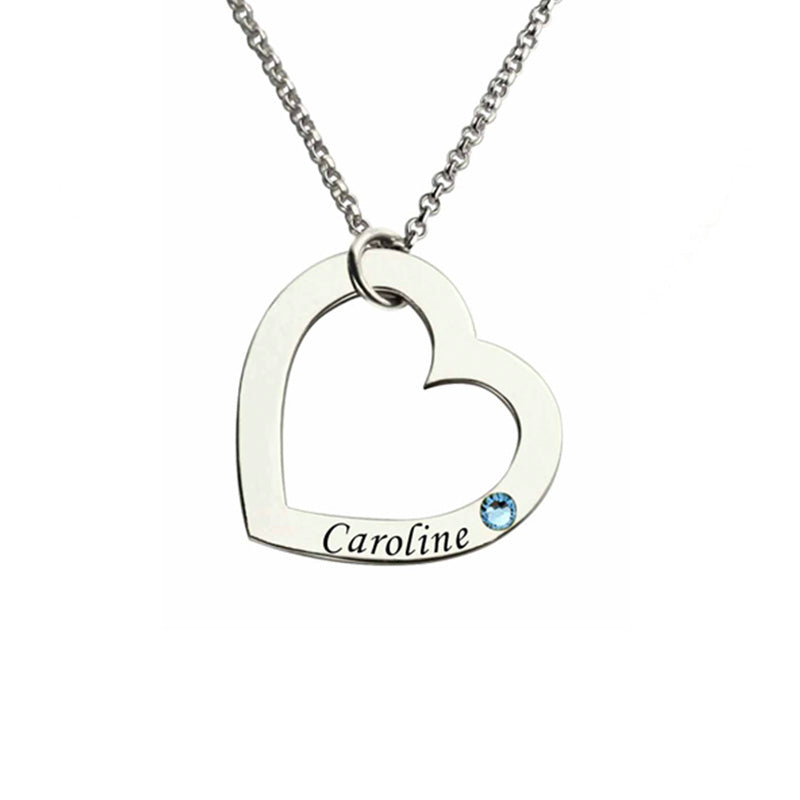 Personalized Name Heart Necklace with Birthstone in Silver