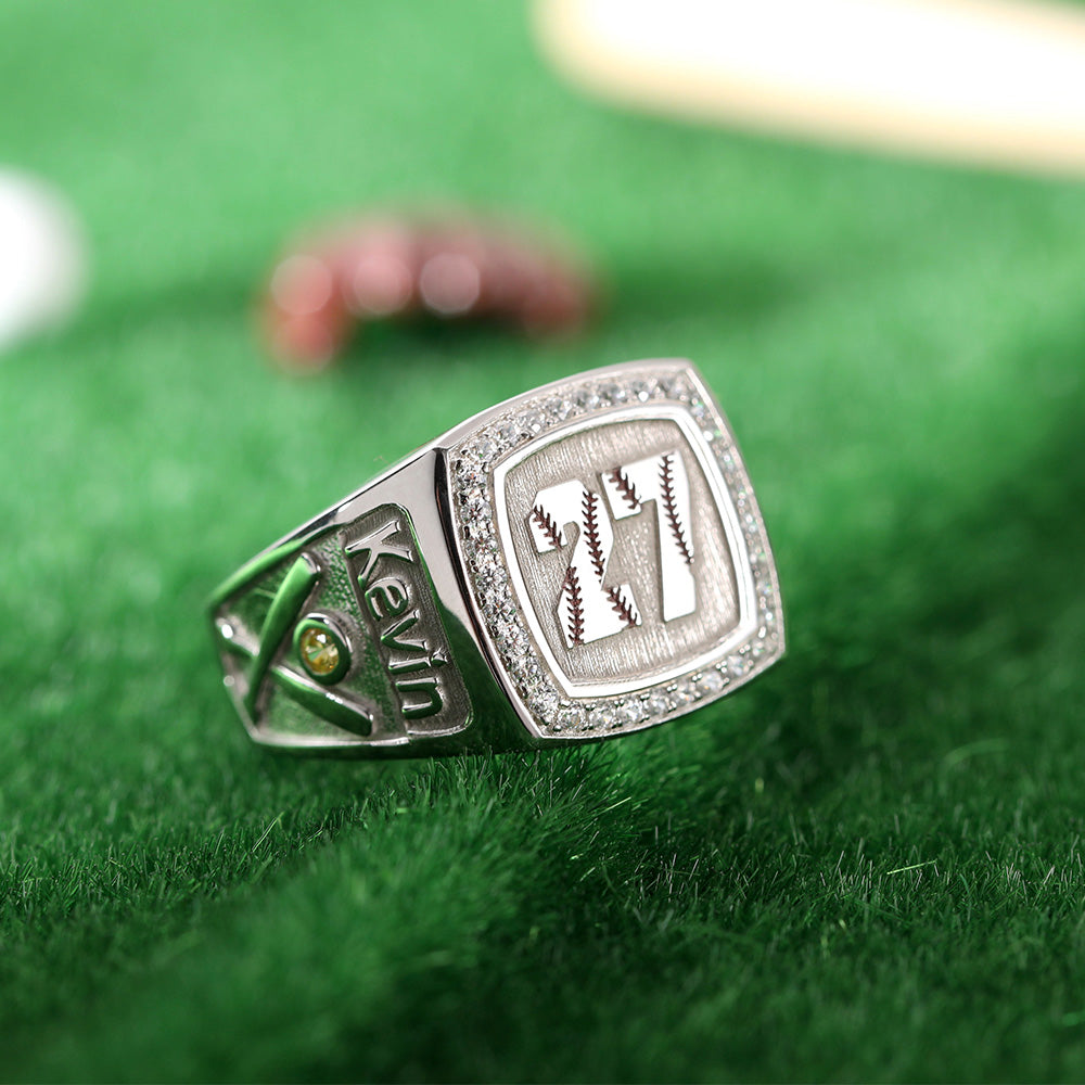 Engraved Baseball Sterling Silver Ring with Birthstone, Perfect Gift for Baseball Coach Gift